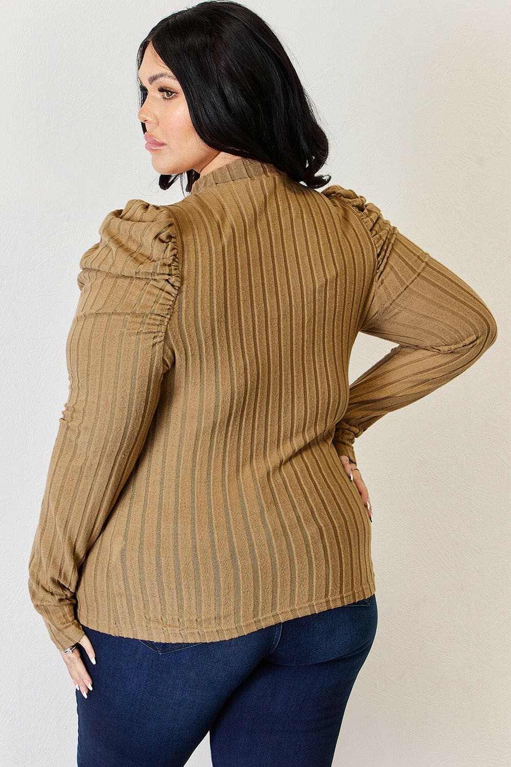 Ribbed mock neck top with puff sleeves - Love Salve
